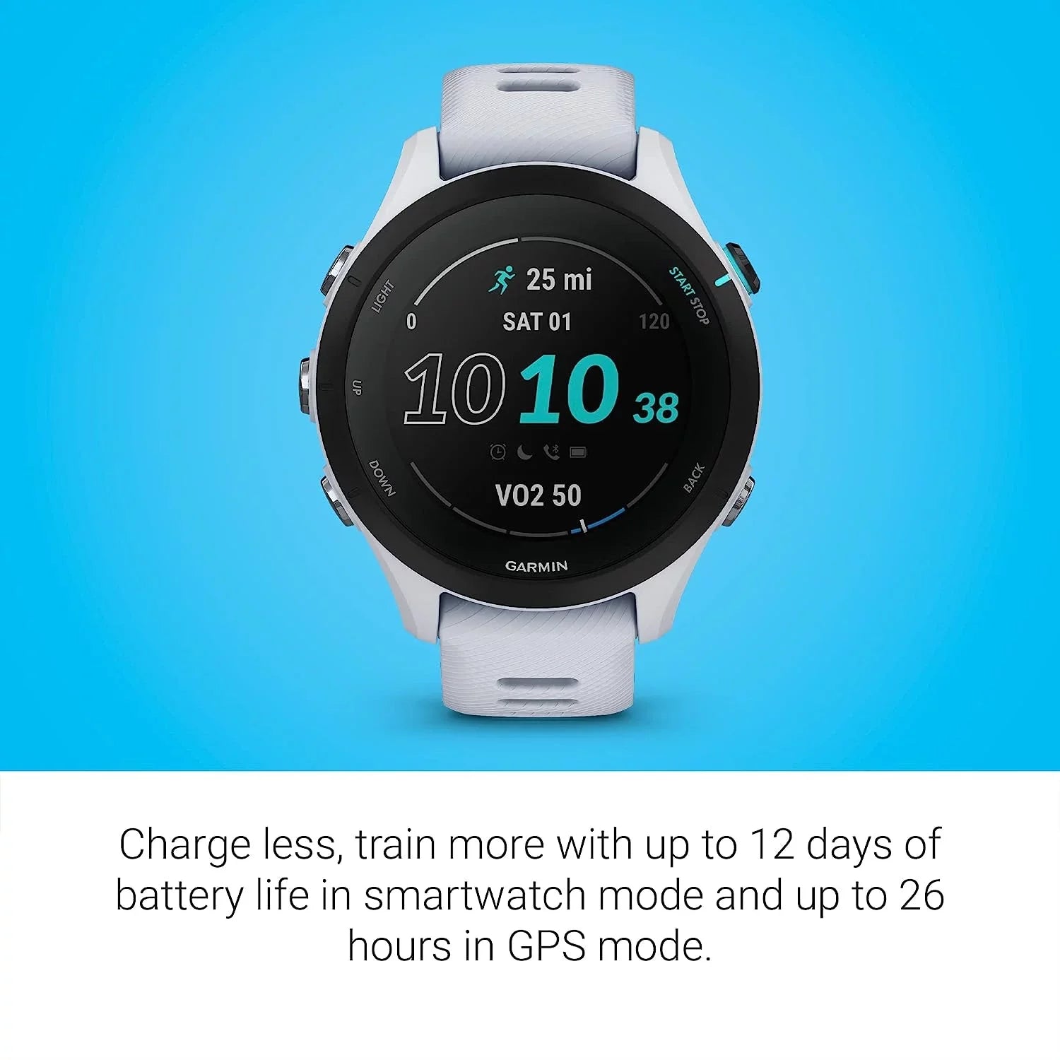 Garmin Forerunner 255S Music, Smaller  Running Smartwatch with Music, Advanced Insights, Long-Lasting Battery, Whitestone with Charging Base, Workout Towel, 6Ave Travel & Cleaning Kit