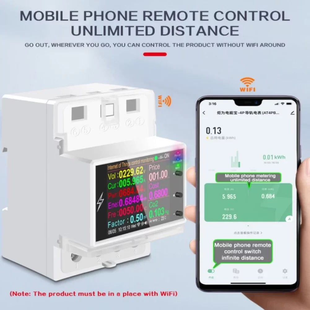Tuya Wifi/Bluetooth  100A Din Rail Smart Switch Remote Control  220V 110V Digital Energy Kwh Frequency Factor Meter