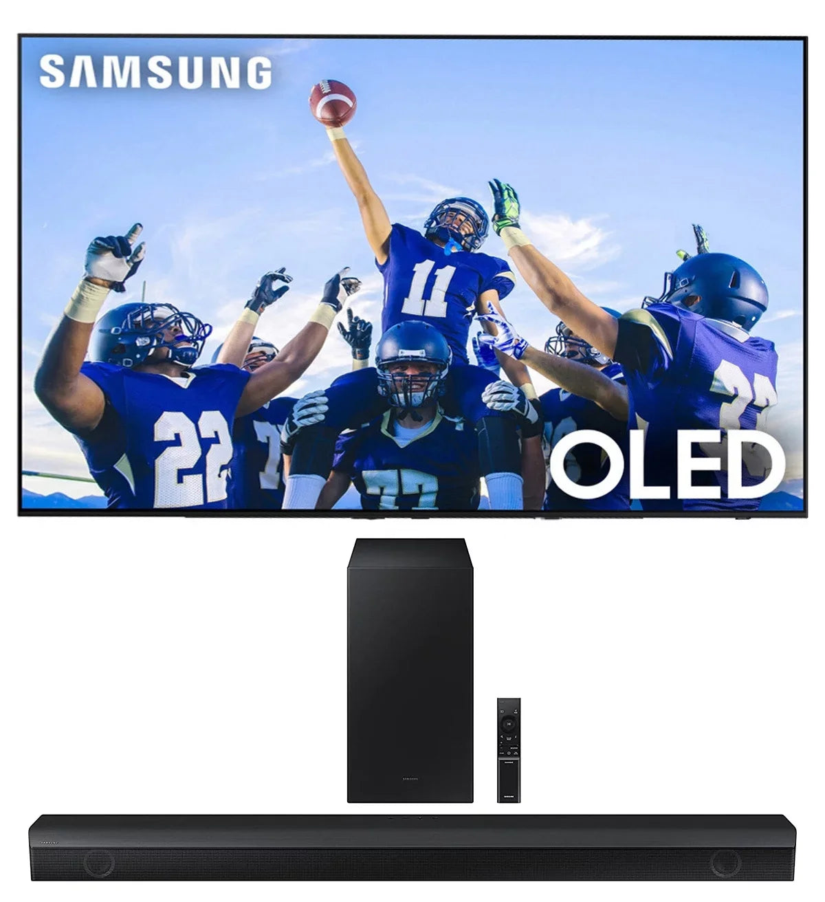 Samsung  55" 4K  Smart  with  Upscaling with a Samsung - 2.1ch Soundbar and Subwoofer with Dolby Audio (2023)