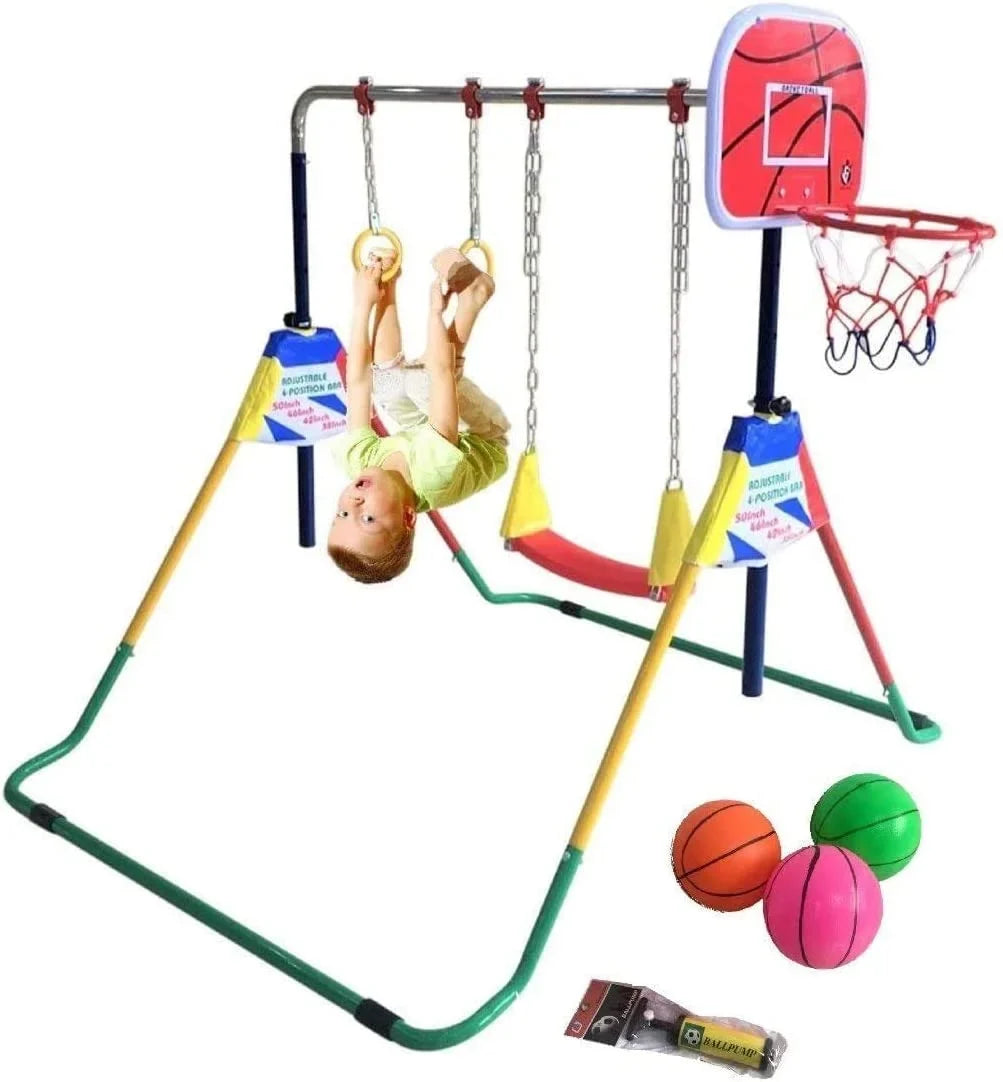 Height-Adjustable 4-in-1 Gymnastics Bar Set with Swing, Rings, Basketball Hoop - Folding Junior Training Bar for Home Gym