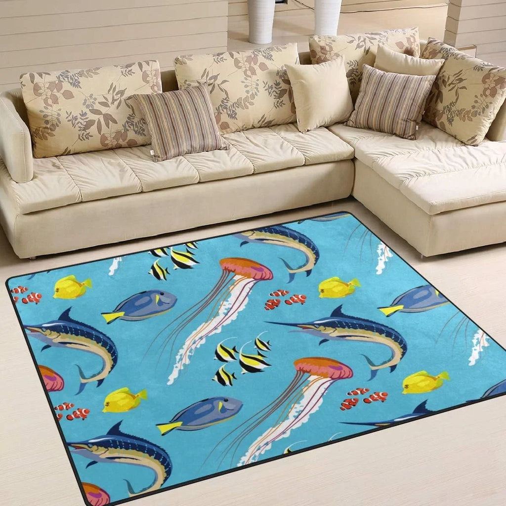 Bestwell Lightweight Soft Area Rugs Sea Fish Jellyfish Marlin Floor Mat for Kids Playing Room Hardwood Floor Living Room 80 x 58 inch（6'8" x 4'10"） Nursery Rugs Home Decor Gift