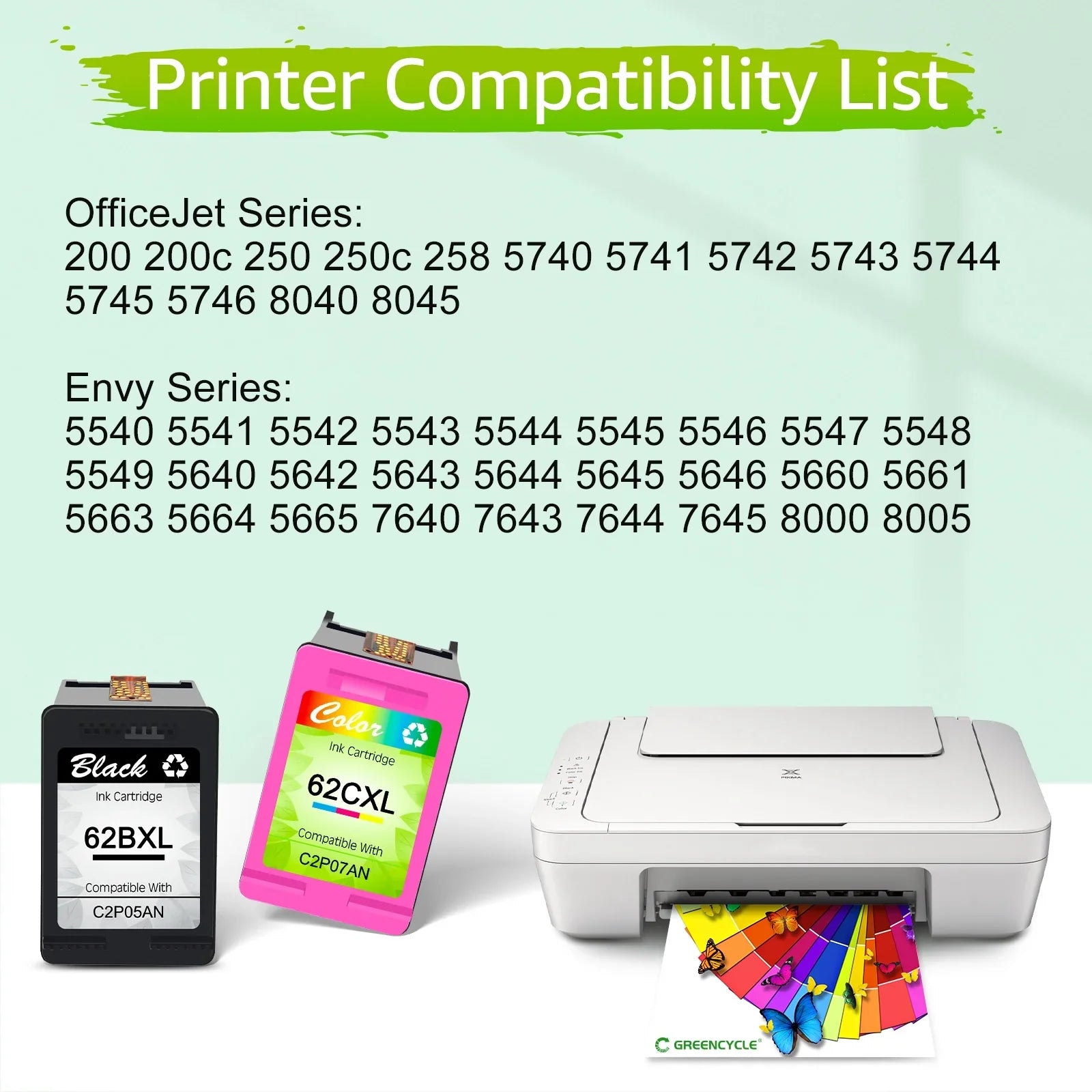 62XL Ink Cartridges Replacement for  High Yield 62  Compatible with Envy 5540 5640 5660 7644 7645 OfficeJet 5740 8040 OfficeJet 200 250 (3 Tri-Color)