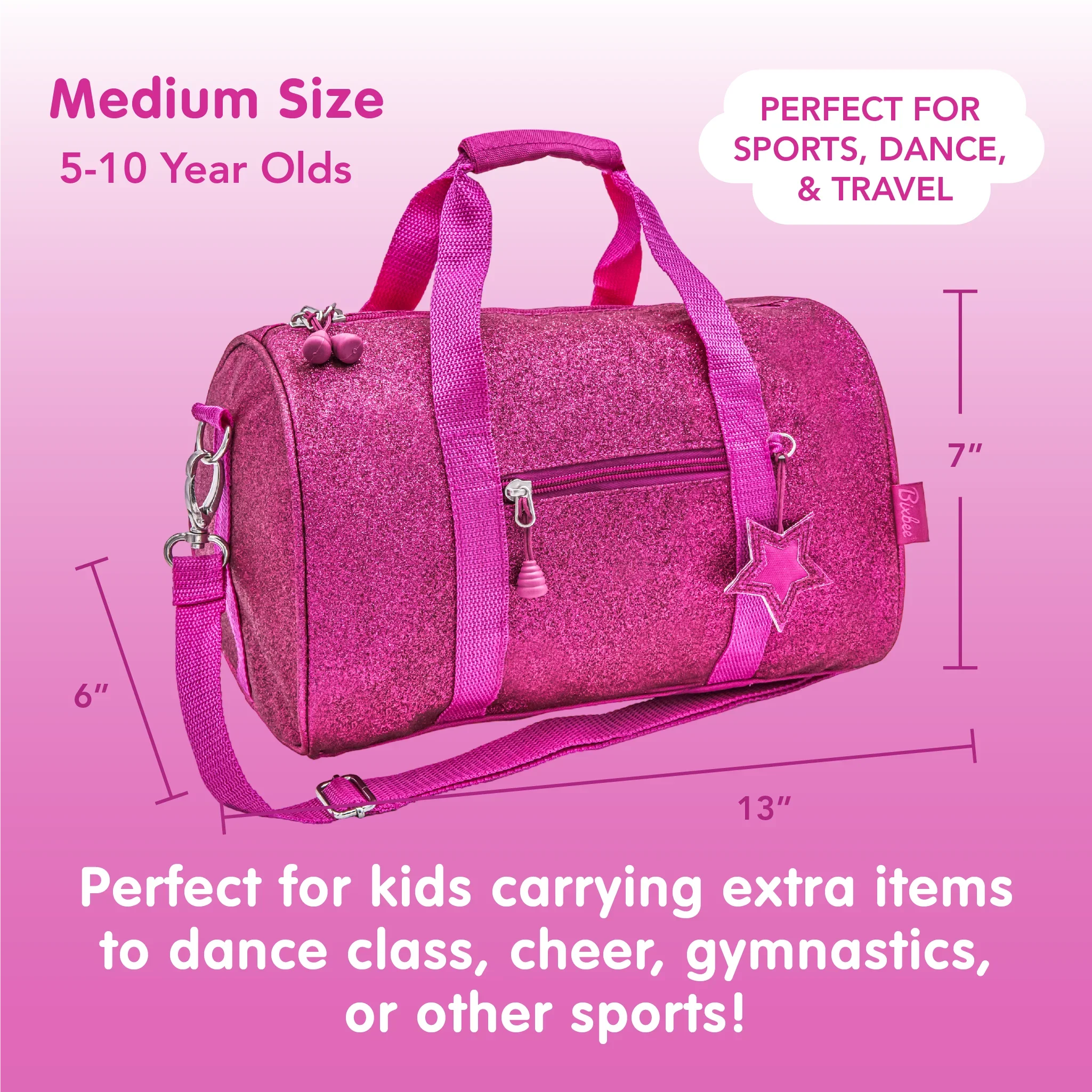 Bixbee Kids Duffel Bag for Dance, School and Sports, Small, Medium and Large, Sparkalicious Pink