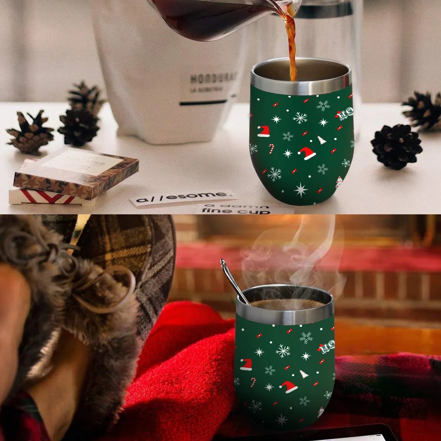 Hidove 12oz 304 Stainless Steel Vacuum Insulated Cups, Christmas Tree with Red and Green Color Eggshell Cup  Shape Tumbler Cups with Lid, Double Layer Insulation Wine Cup Big Belly Cup