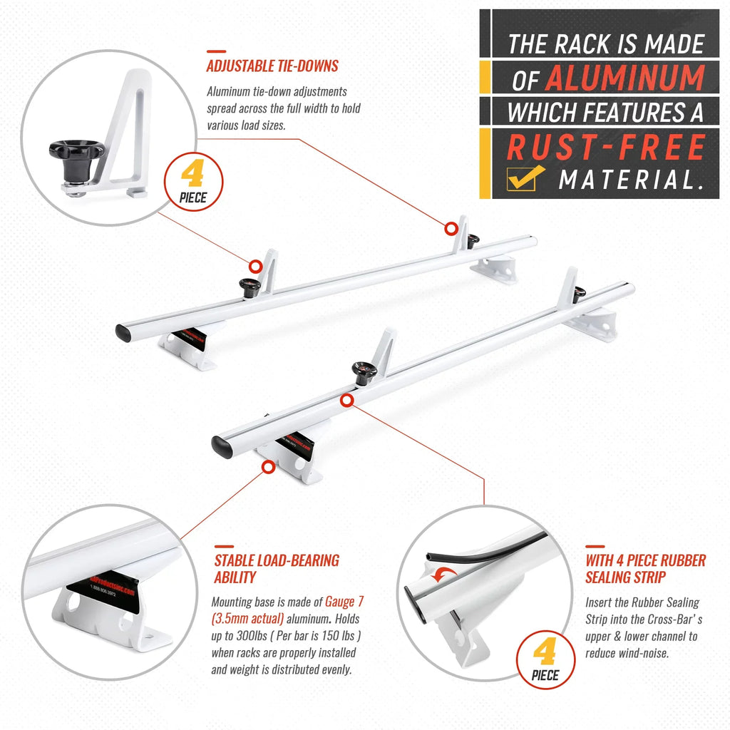'-Racks Model -  ProMaster City 2015-On Aluminum 2 Bar (50") Van Roof Rack System w/ Ladder Stopper White