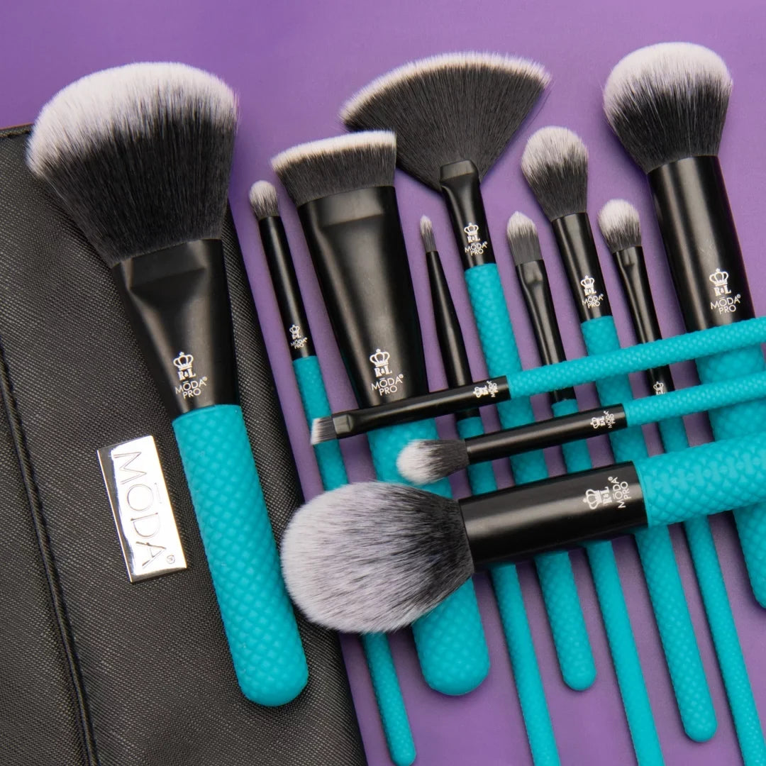 Moda Brush Pro Full Face 13pc Teal Makeup Brush Set with Wrap, Includes Flat Powder, Highlight, and Crease Makeup Brushes