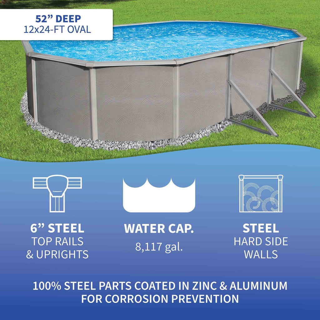Belize 12-ft x 24-ft Oval 52-in Deep 6-in Top Rail Metal Wall Swimming Pool Package