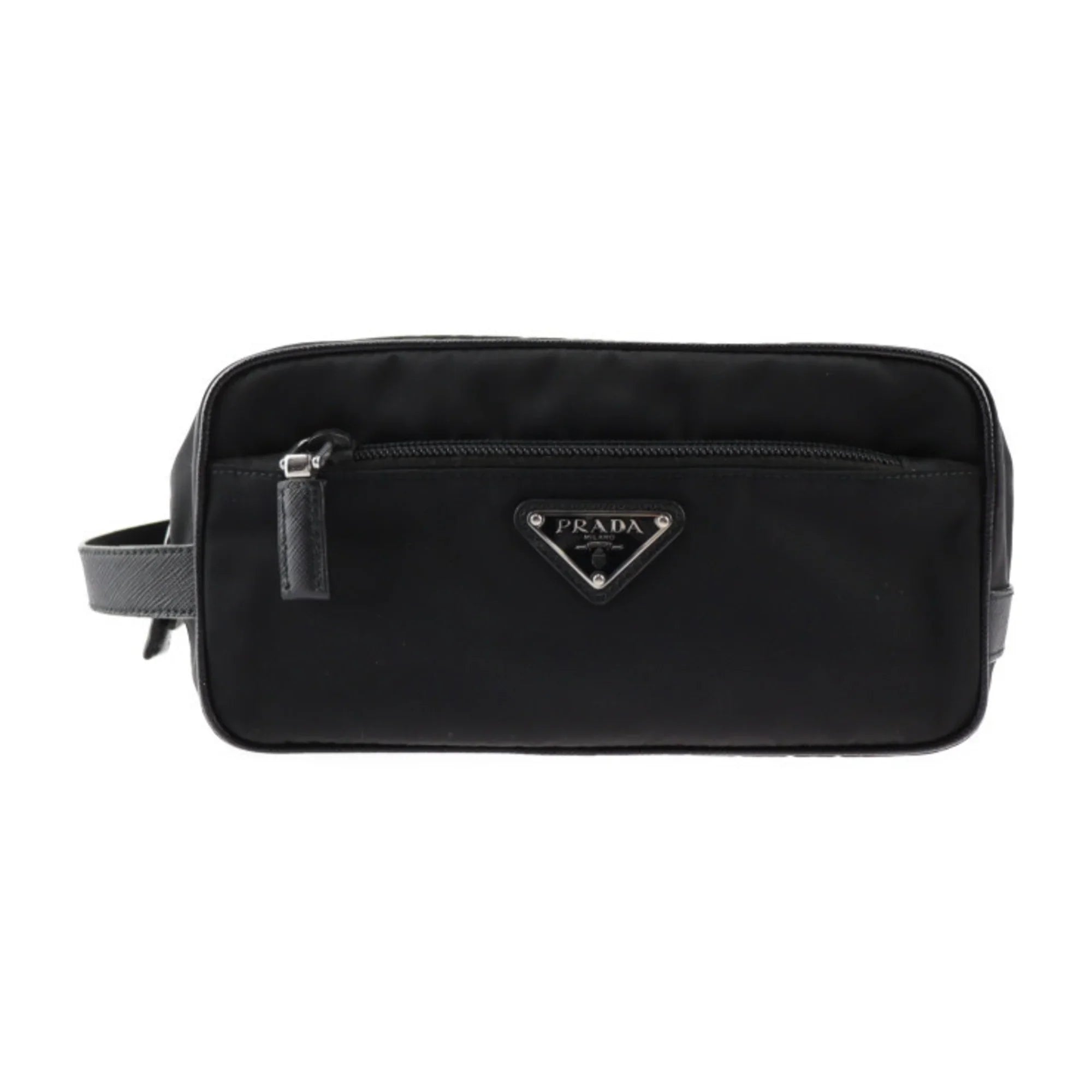 Pre-Owned  Prada second bag 2NA819 nylon leather black silver hardware clutch handbag triangle logo (Good)