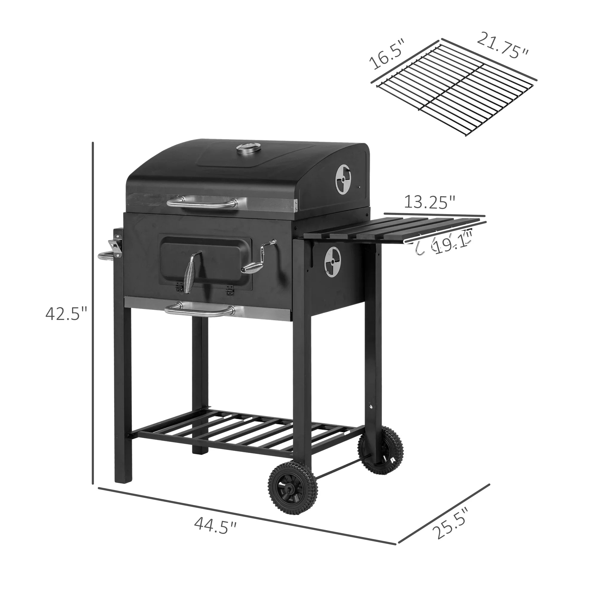 Homiyad Charcoal  Grill, Outdoor Portable Cooker for Camping Or Backyard Picnic with Side Table, Bottom Storage Shelf, Wheels and Handle, Black