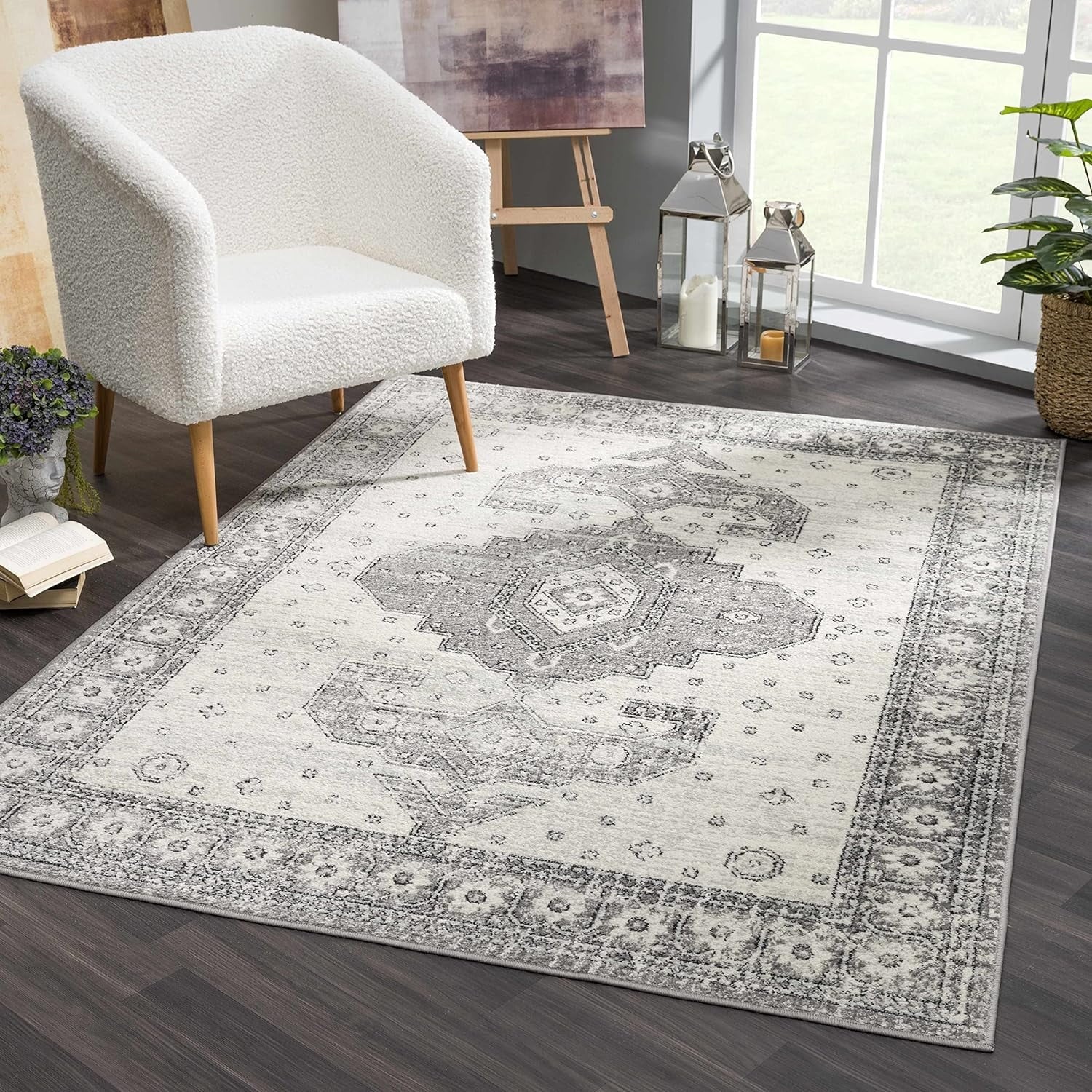 Marash Collection Goksun Persian Traditional Living Room, Bedroom, Indoor Area Rug - Oriental Medallion Pattern - Boho Vintage Distressed - Grey, Beige - 7'10"  10'