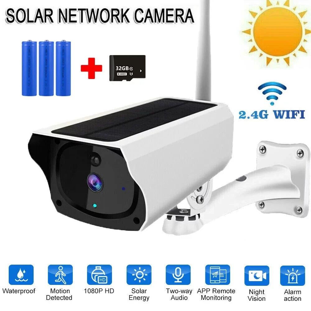 1080P Solar Powered Security Camera, Wireless Security Camera, WiFi  Home Outdoor Security  Camera Night Vision  with 32GB Momery Card and 3 Pcs 18650 Batteries