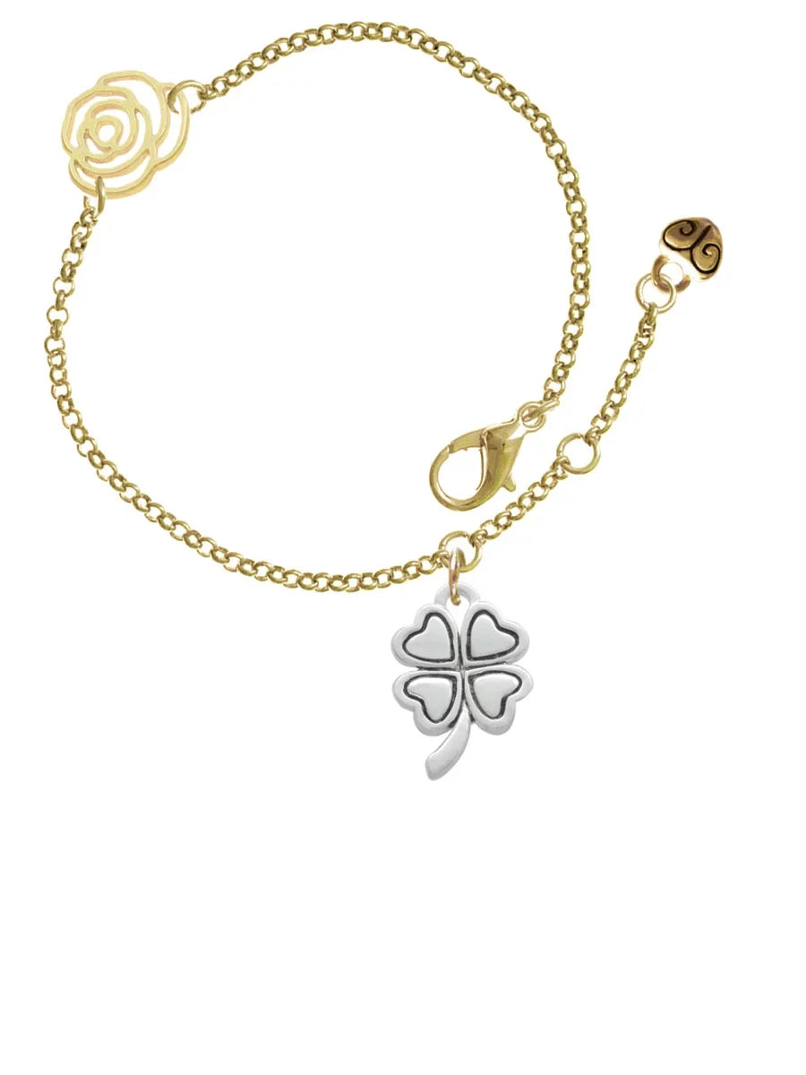 Delight Jewelry Silvertone Antiqued Four Leaf Clover Gold-tone Rose Link Chain Bracelet, 6.25"+1.75" Extender