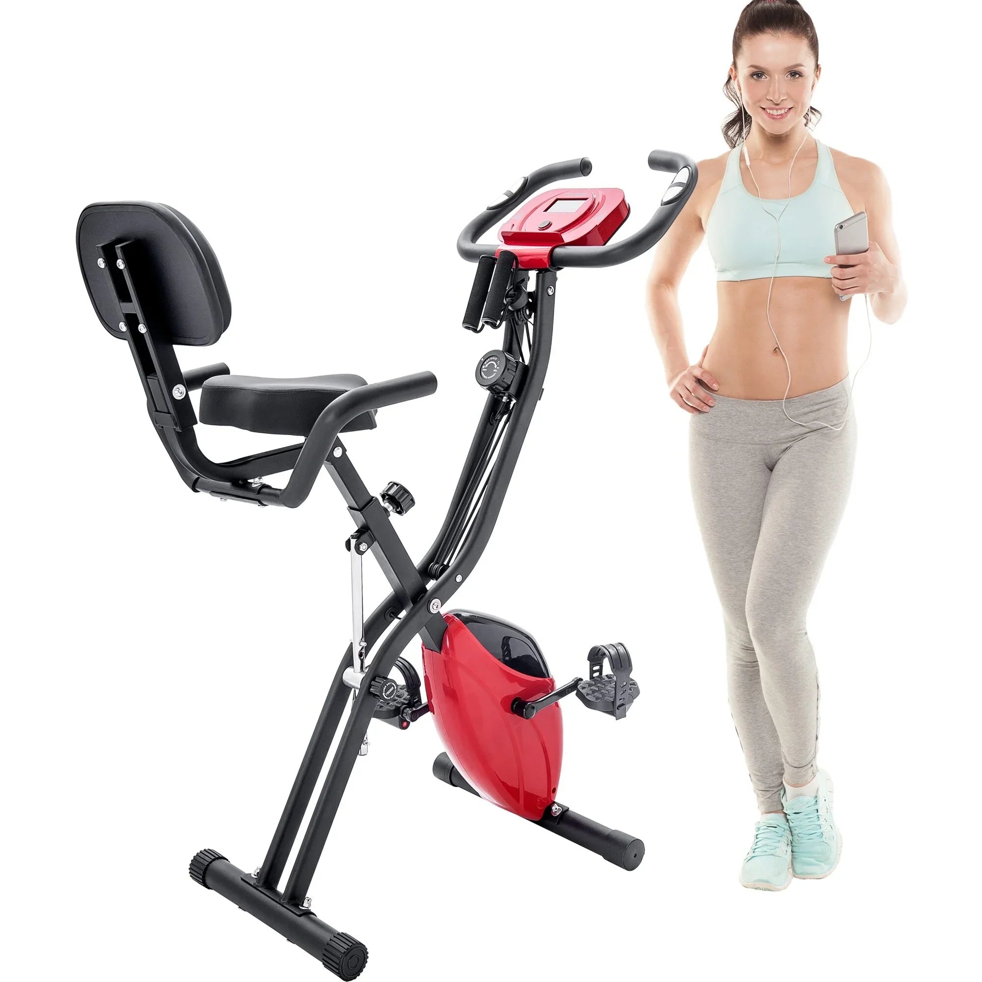 Folding Fitness -Bike with 10-Level Adjustable Resistance, Arm Bands Black