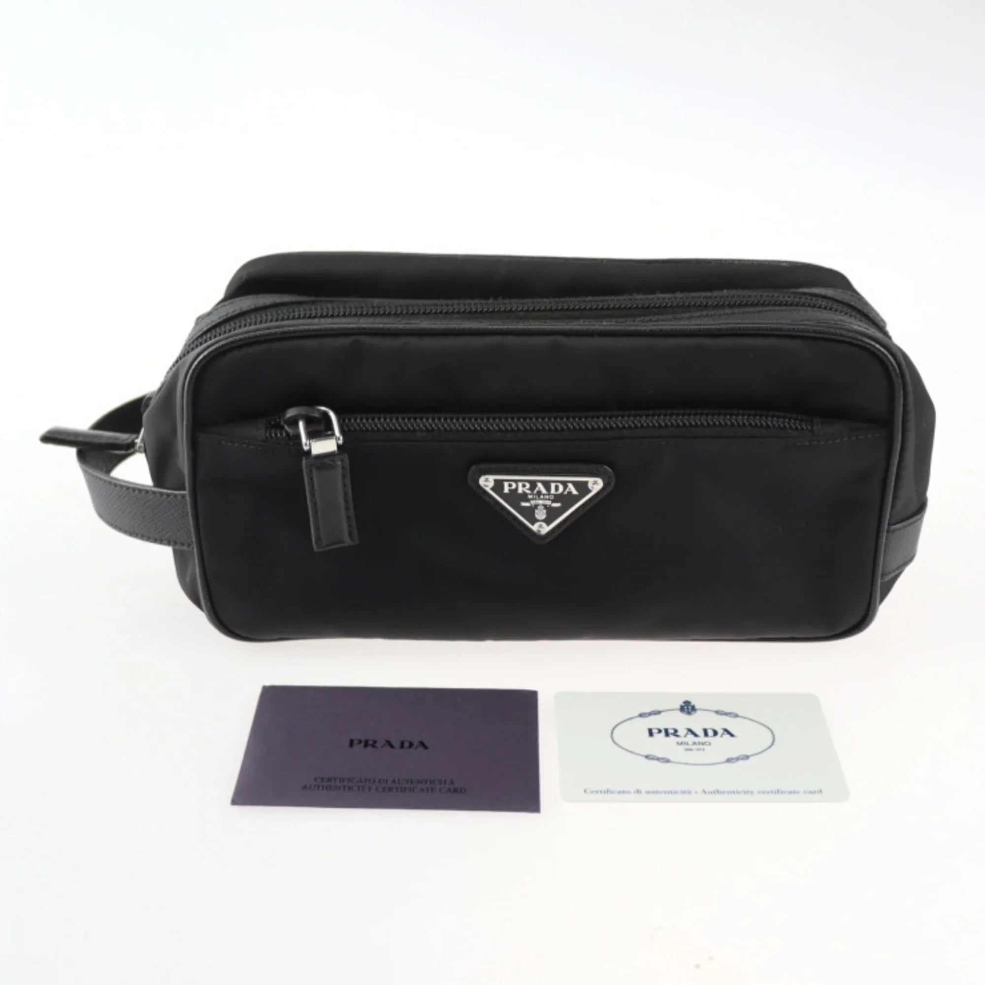 Pre-Owned  Prada second bag 2NA819 nylon leather black silver hardware clutch handbag triangle logo (Good)