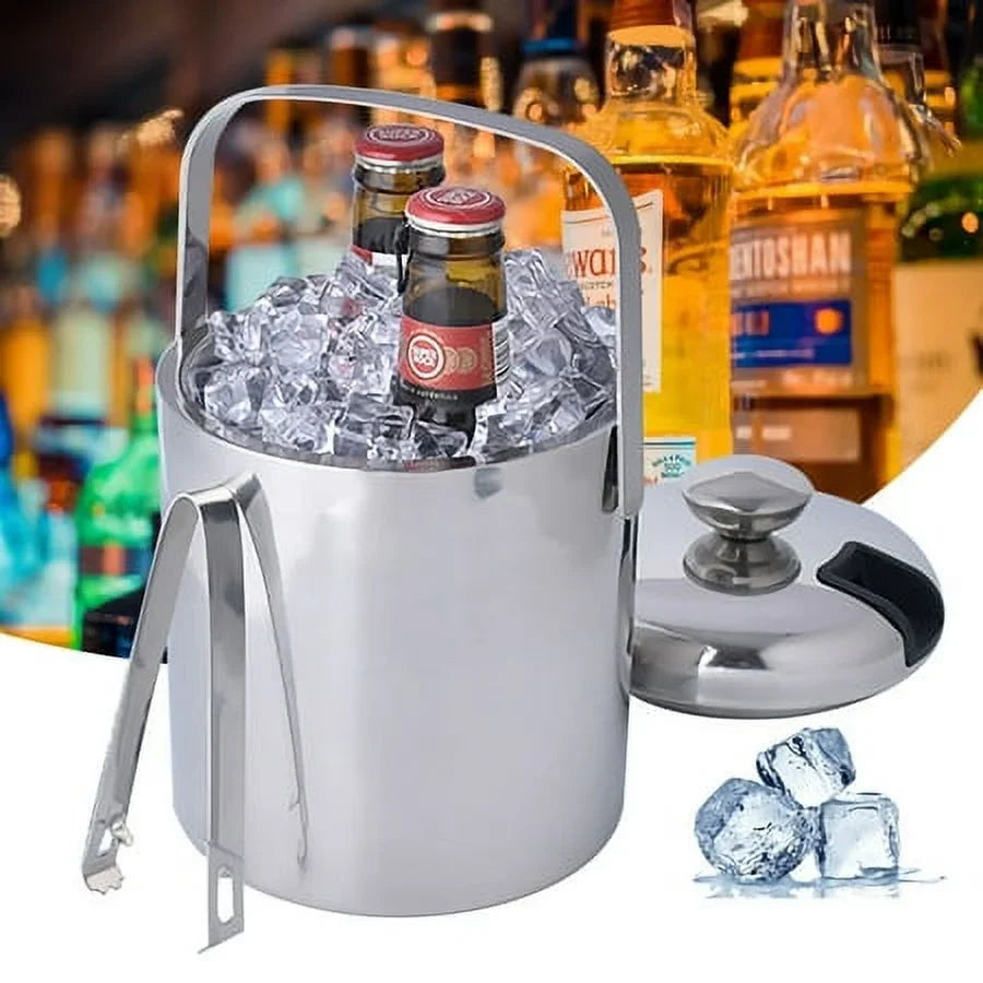 Double-Wall Stainless-Steel Insulated Ice Bucket With Lid & Ice Tong 1300