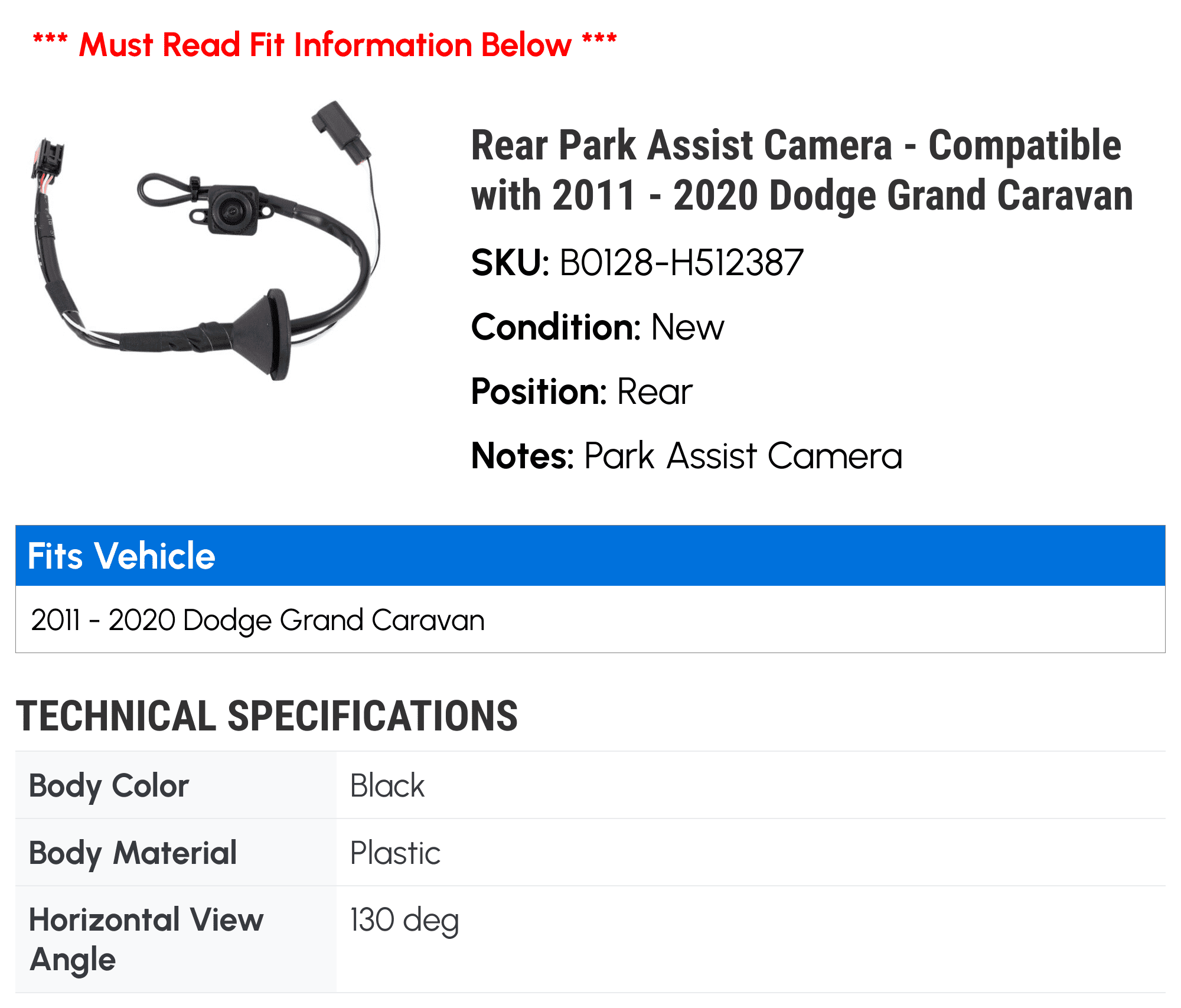Rear Park Assist Camera - Compatible with 2011 - 2020 Dodge Grand Caravan 2012 2013 2014 2015 2016 2017 2018 2019