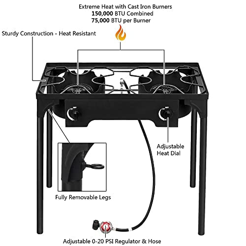 Outvita 2 Burner Propane Gas Stove for Outdoor Cooking, 150,000  Camping Cooker with Removable Legs, Temperature Control Knobs for Backyard Cooking, , Baking and Frying