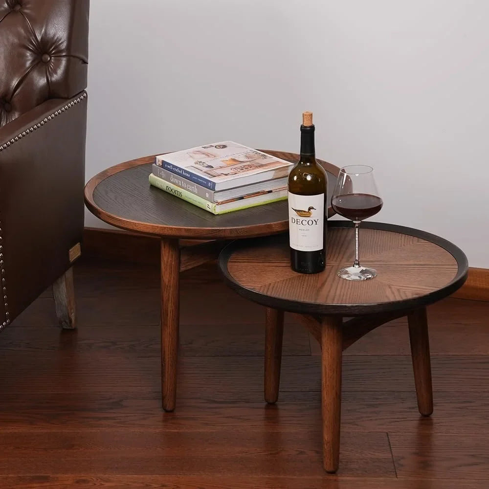 Nesting Table, Solid Oak Hardwood Structure Round Coffee Table & Side Table with Solid Wood Feet for Living Room, Bedroom, Balcony - Standard