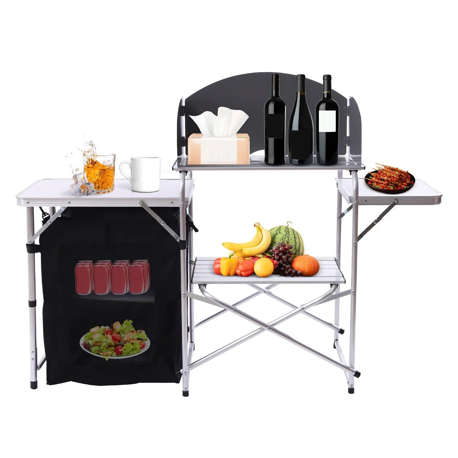 Folding Camping Kitchen Table Outdoor Cooking Table with Detachable Windscreen