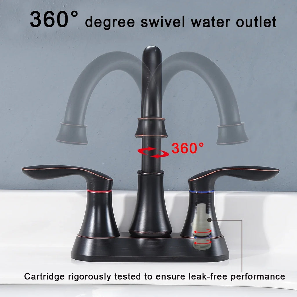 Kichae 4 Inch Vanity Sink Faucet，2-Handle 360 Degree Swivel Bathroom Spout Centerset Faucet with Pop-up Drain & Supply Hoses，Oil Rubbed Bronze