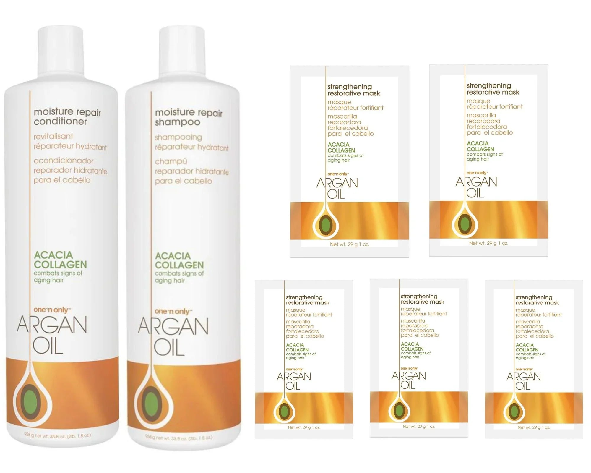 '- Argan Oil - Moisture Repair (Shampoo+Conditioner) 33.8oz + Restorative Mask 5 Pack