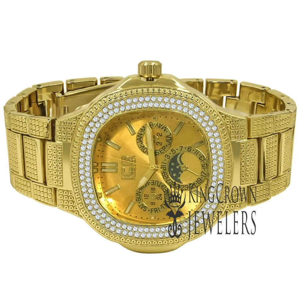 14K Yellow Gold Tone Simulated Diamonds Joe Rodeo Jojo Jojino Water Resistance Metal Band Watch