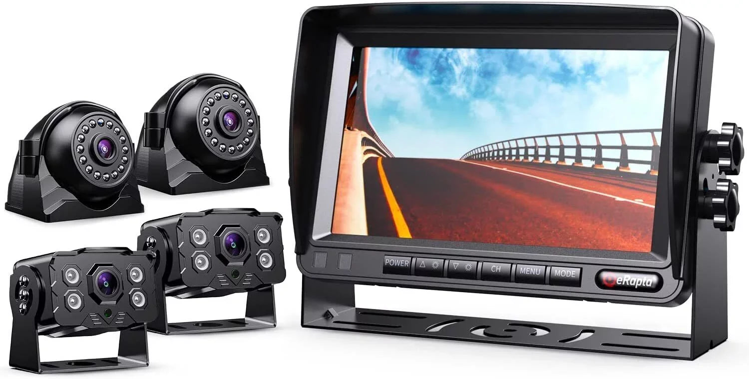 eRapta Backup Camera System Kit 7" Monitor for Car  Truck Trailer Tractor 5th Wheel Split Screen 1080P Back up Reversing Parking System Night Vision Rear and Side Wired Camera