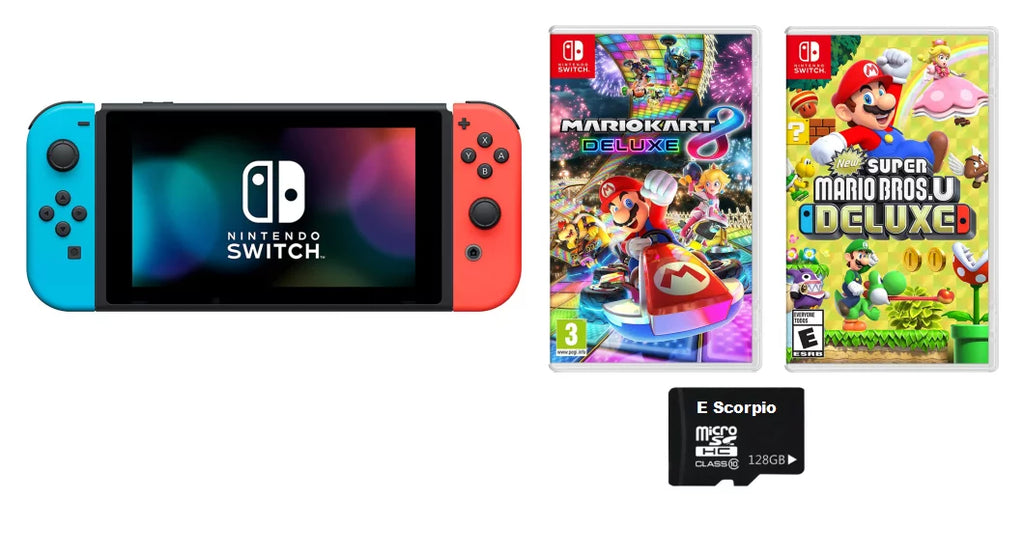 Nintendo Switch Bundle: Mario Kart 8 Deluxe /Super Mario Bros.  Deluxe and Nintendo Switch 32GB Console with Neon Red and Blue Joy-Con| 3 Months Nintendo Switch Online Membership
