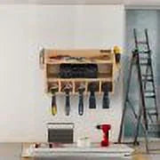 Wall Mount Drill Organizer, 5 Drill Slots, 2-Shelf Tool Storage, Polished Wood