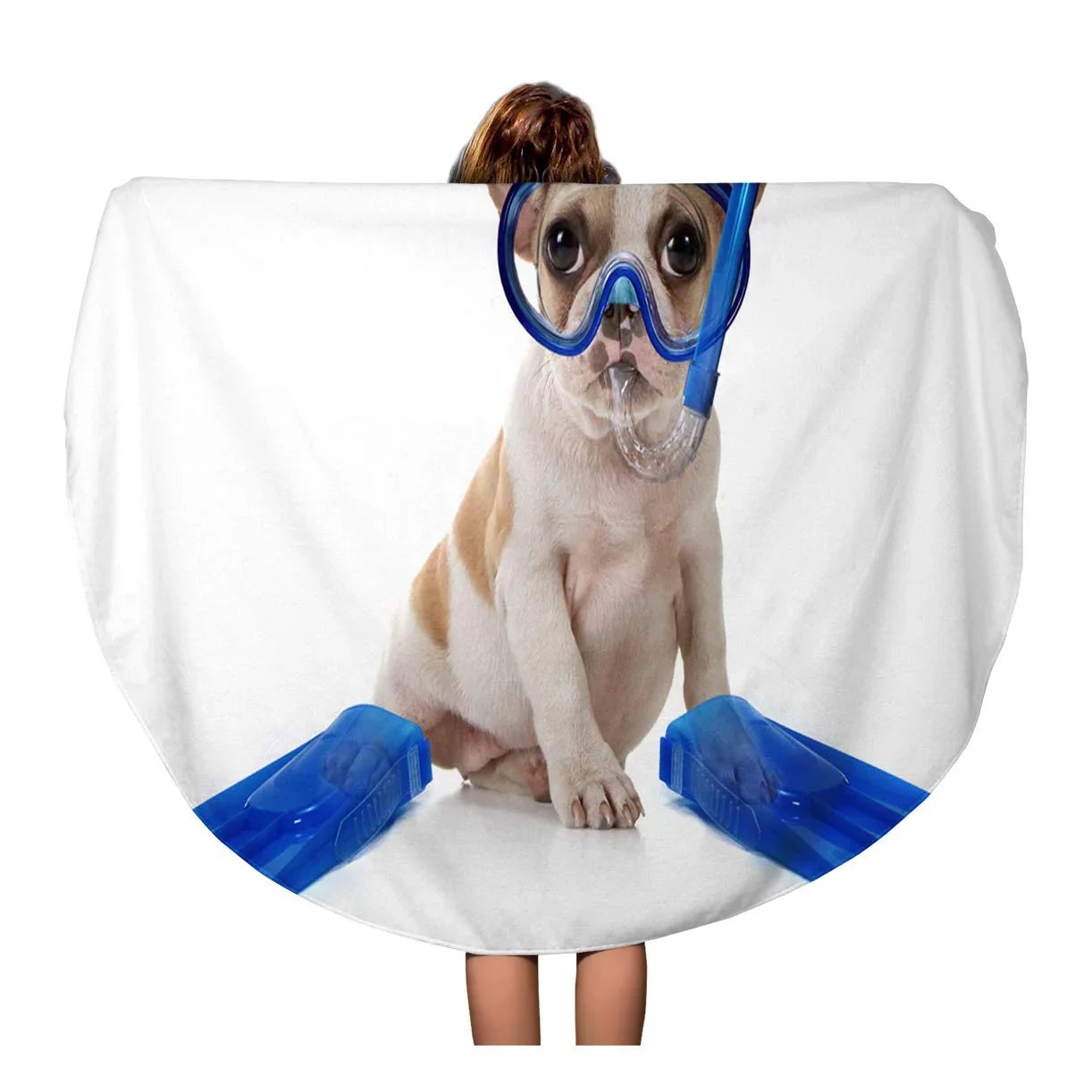 60 inch Round Beach Towel Blanket Sitting Puppy Dog Snorkeling Gear of Mask Fins Studio Travel Circle Circular Towels Mat Tapestry Beach Throw