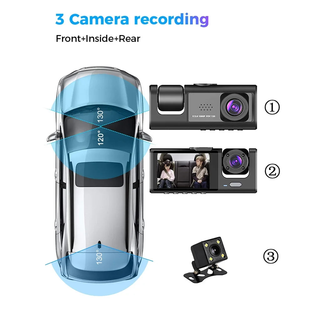 Virwir WiFi Dash Cam 1920x1080P  Front Inside and Rear Dash Cam Three Cam Car  Night Vision Loop Recording