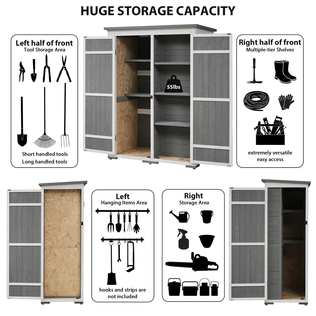 Homiyad Outdoor 5.5ft Hx4.1ft  Wood Storage Shed, Garden Tool Cabinet with Waterproof Asphalt Roof, Four Lockable Doors, Multiple-Tier Shelves, White and Gray