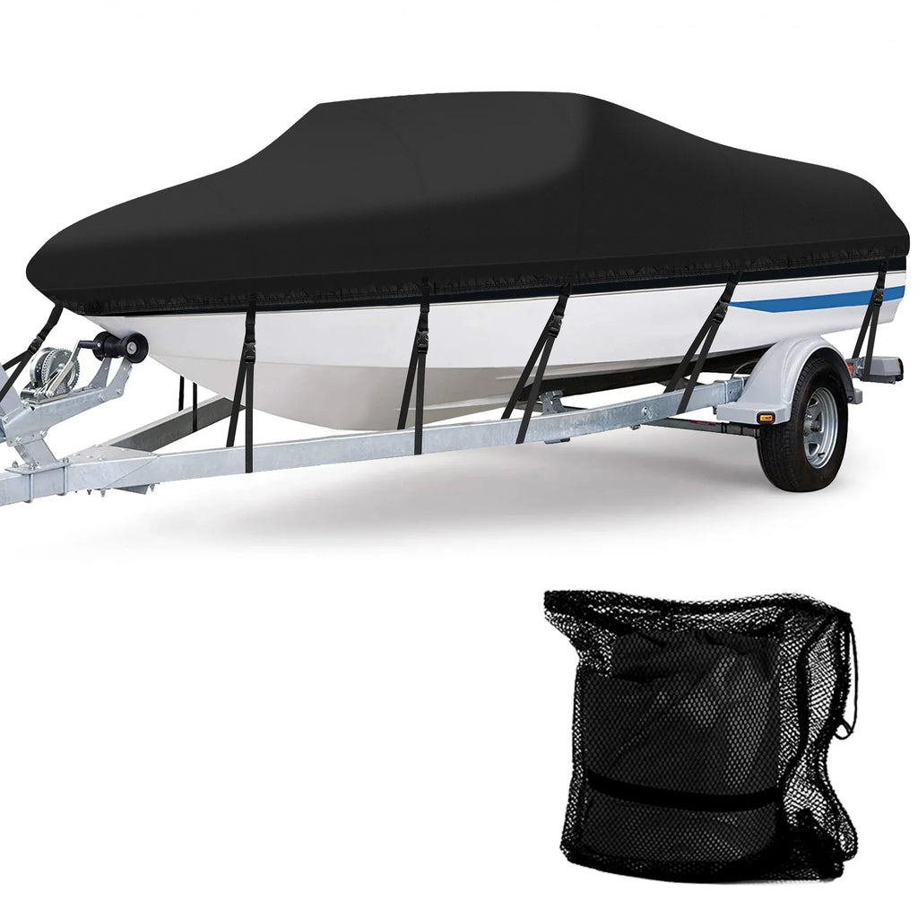 AngLink 17 - 19 ft Waterproof Boat Cover - Heavy Duty 600D Polyester Oxford All Weather Protection Bass Runabout Boat Cover, Durable and Trailerable, Fit for Fishing Boat -Hull -Hull | Black