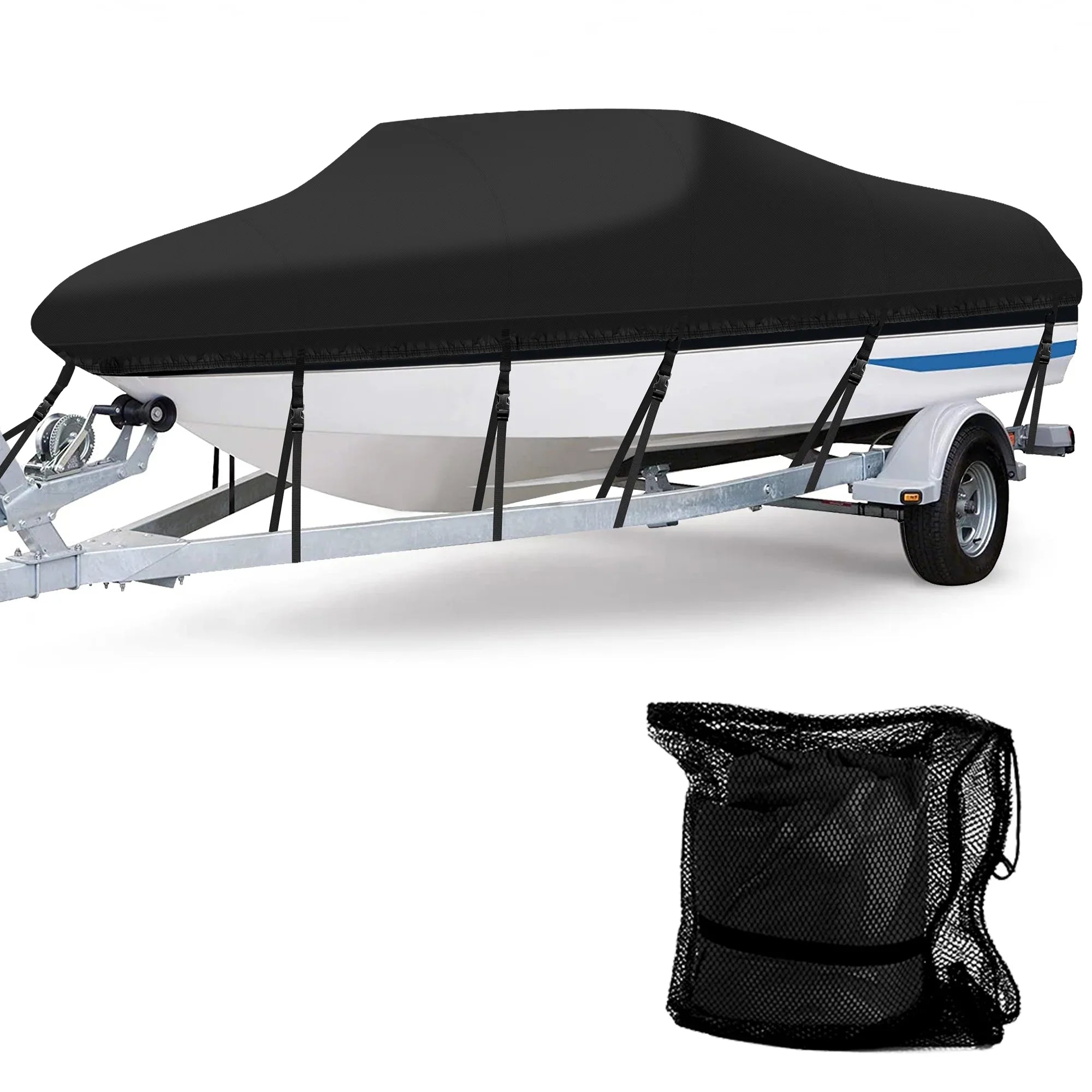 AngLink 17 - 19 ft Waterproof Boat Cover - Heavy Duty 600D Polyester Oxford All Weather Protection Bass Runabout Boat Cover, Durable and Trailerable, Fit for Fishing Boat -Hull -Hull | Black