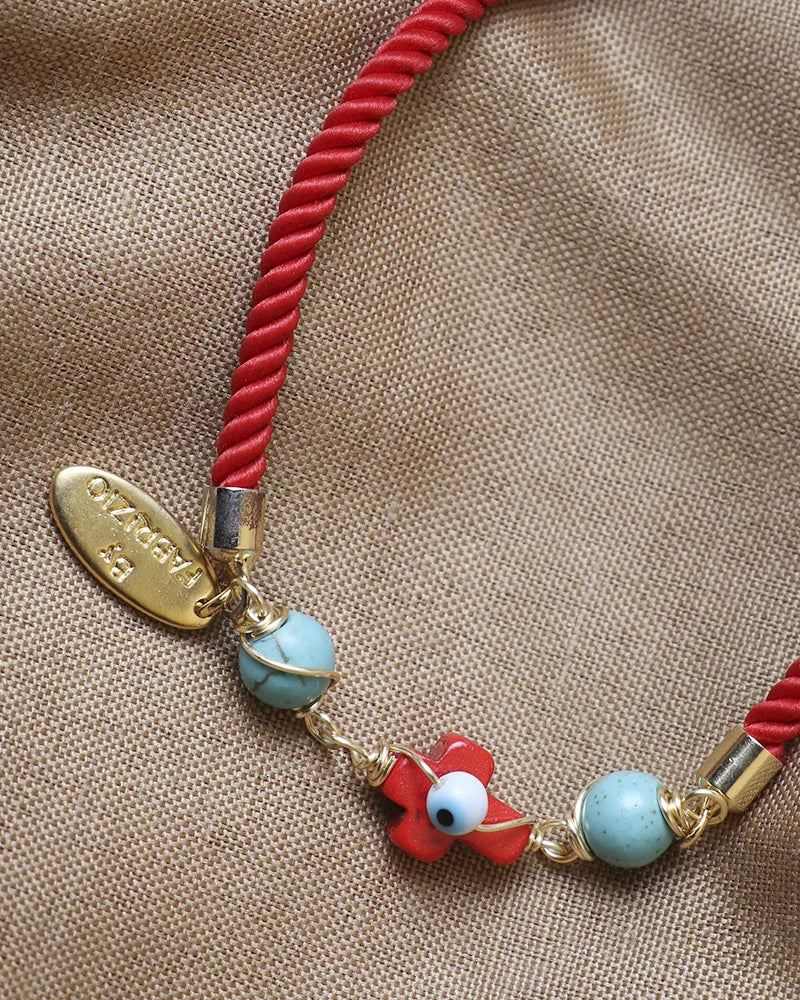 By Fabrizio Design Red Capri Adjustable Bracelet in Turquoise with Cross Charm and Murano Eye for Adult Females
