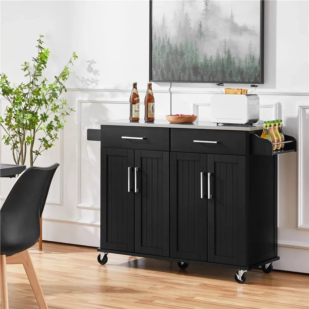 Topeakmart Rolling Kitchen Island with Storage Drawers & Towel Bar & Spice Rack, Black