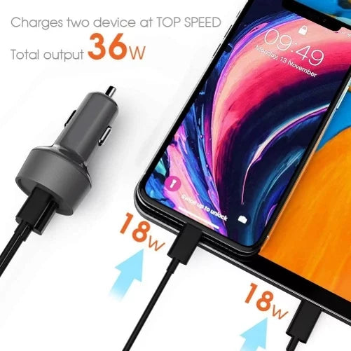 Quick Car Charger 36W 2-Port  Cable Type-  Power Adapter  Socket Plug-in  for Nubia Red Magic 3 / 3S, RedMagic 5S - OnePlus 8, 5T, 6, 6T, 7T, Pro, 5G McLaren, 7 Pro, 8T Plus