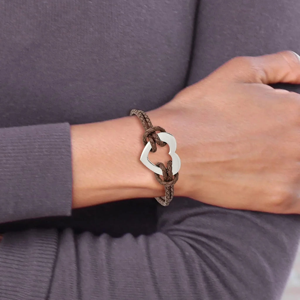 Chisel Stainless Steel Polished Heart Brown Braided Leather Bracelet - 7.5"