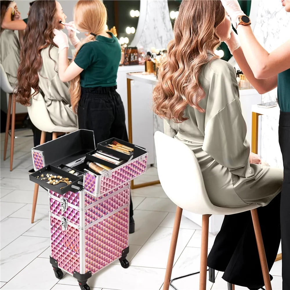 Topeakmart 3-in-1 Rolling Makeup Train Case Cosmetic Trolley with Large Storage, Pink