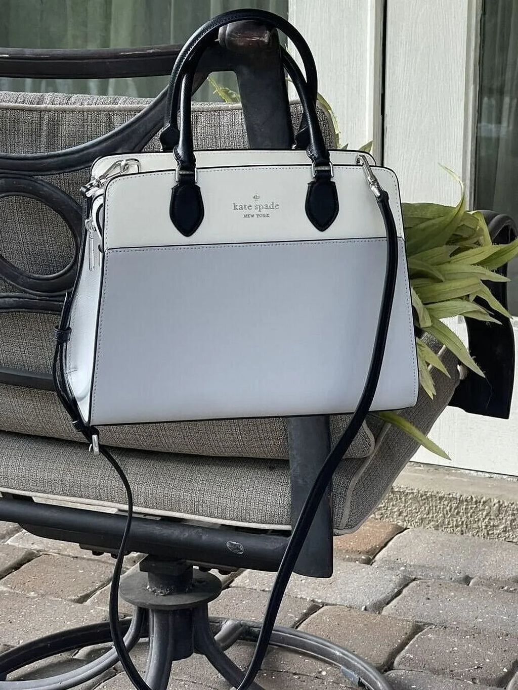 Kate Spade Madison Medium Platinum Grey Colorblock Leather Satchel Bag Purse