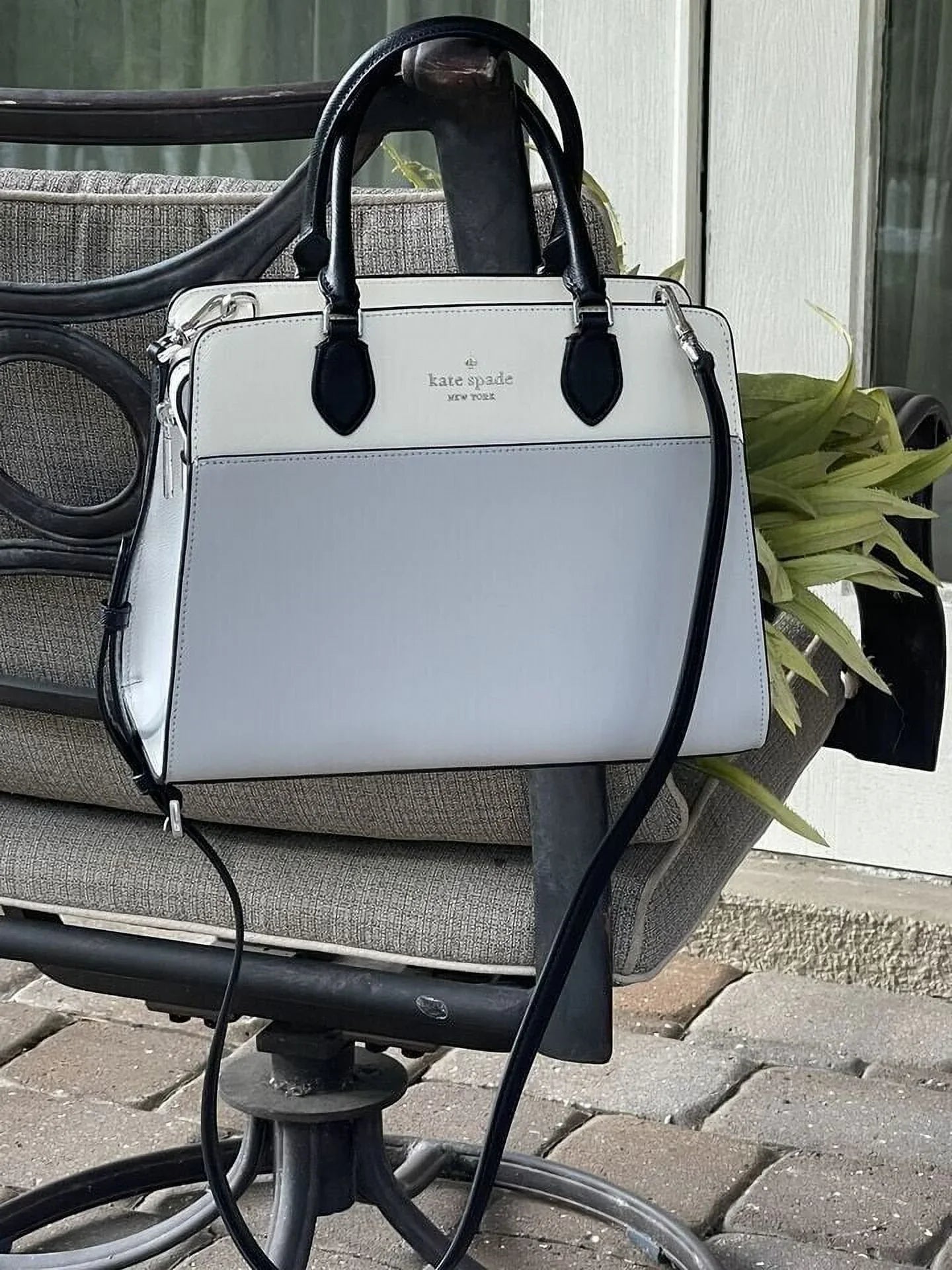 Kate Spade Madison Medium Platinum Grey Colorblock Leather Satchel Bag Purse