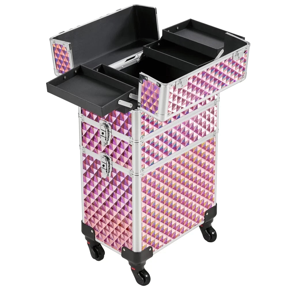 Topeakmart 3-in-1 Rolling Makeup Train Case Cosmetic Trolley with Large Storage, Pink