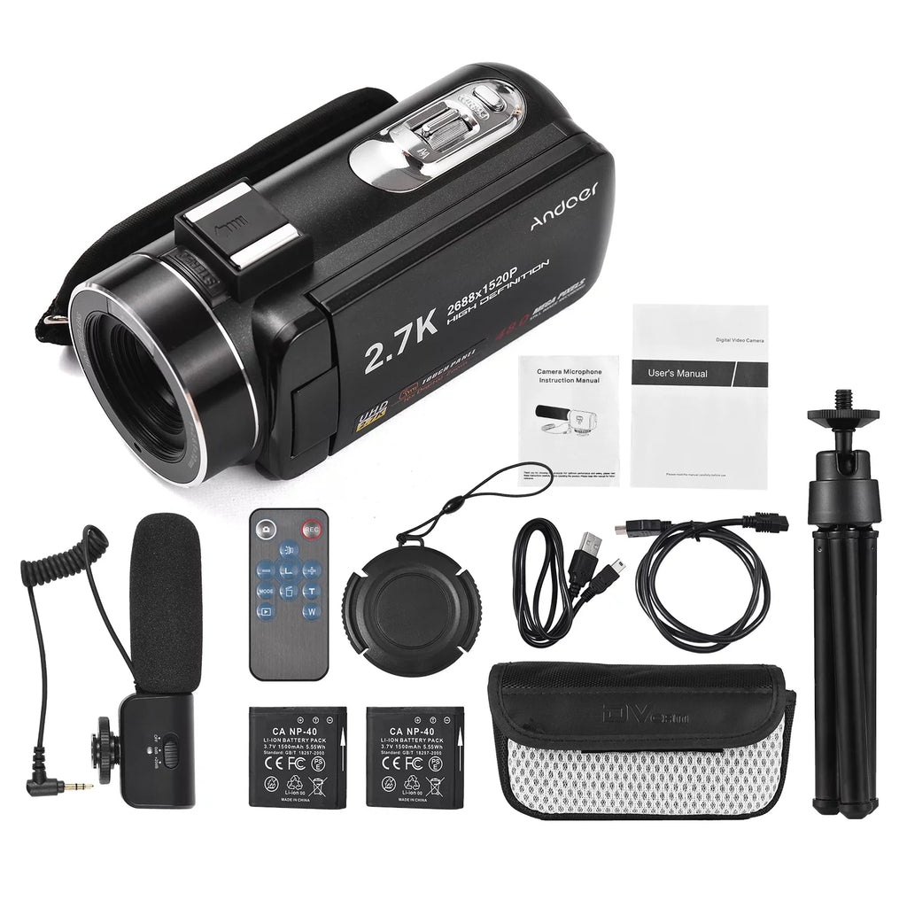 Andoer 2.7K Digital Video Camcorder  Recorder 48MP 16X Digital Zoom 3.0 Inch  Touch Panel Supports Face Detection Beauty Face Smile Capture -shake with 2pcs Batteries + Remote Control