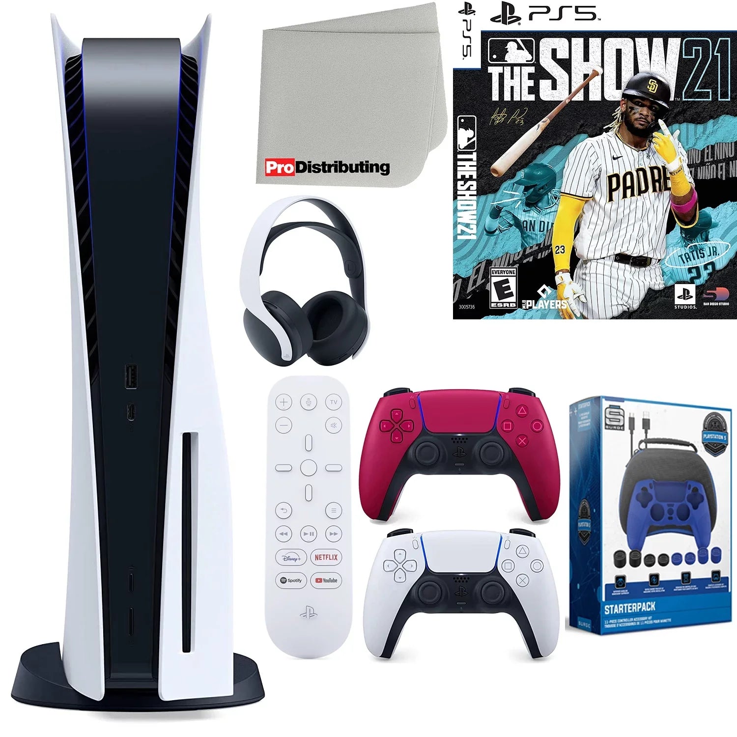 Sony Playstation 5 Disc Version (Sony  Disc) with Cosmic Red Extra Controller, Headset, Media Remote,  The Show 21, Accessory Starter Kit and Microfiber Cleaning Cloth Bundle