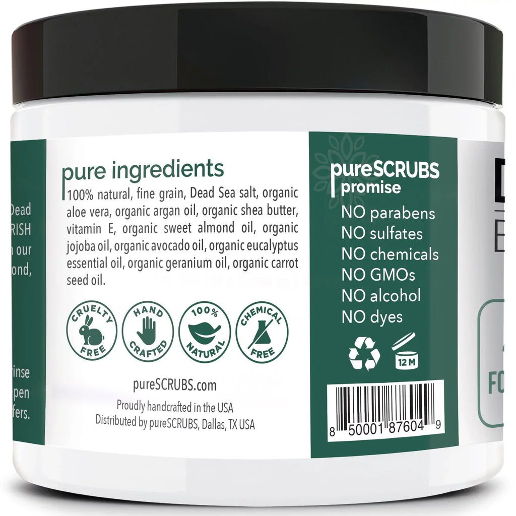 pureSCRUBS Premium Organic Body Scrub Set - Large 16oz    - Pure Dead Sea Salt Infused Organic Essential Oils & Nutrients +  Wooden Spoon, Loofah & Mini Exfoliating Bar Soap