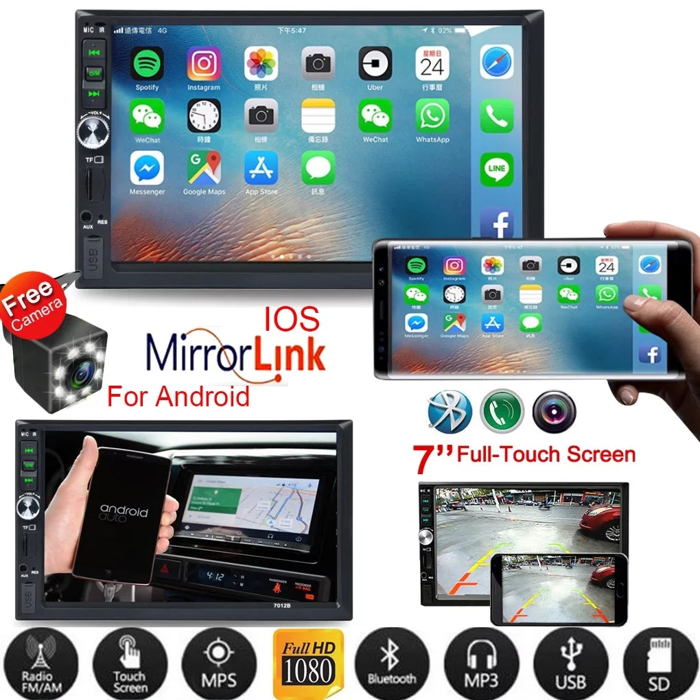 7" Double Din Radio Car Stereo Bluetooth  Touch Screen with Reverse Camera And Mirror Link(Both Support Android and ios System)