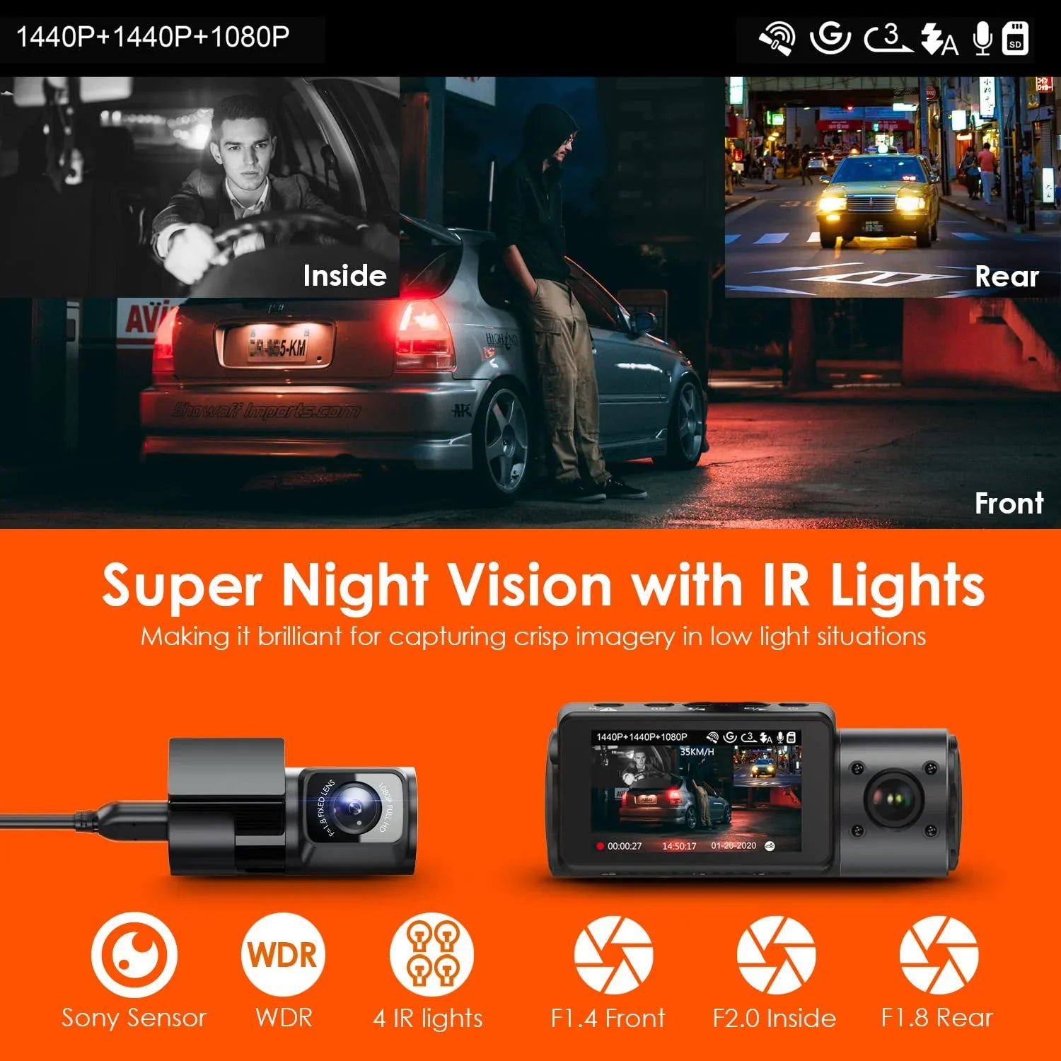 Vantrue  3 Channel 4K Dash Cam, 4K+1080P Front and Rear, 1440P+1440P Front and Inside, 1440P+1440P+1080P Three Way Triple Car Camera,  Night Vision, 24 Hours Parking Mode, Support 512GB Max