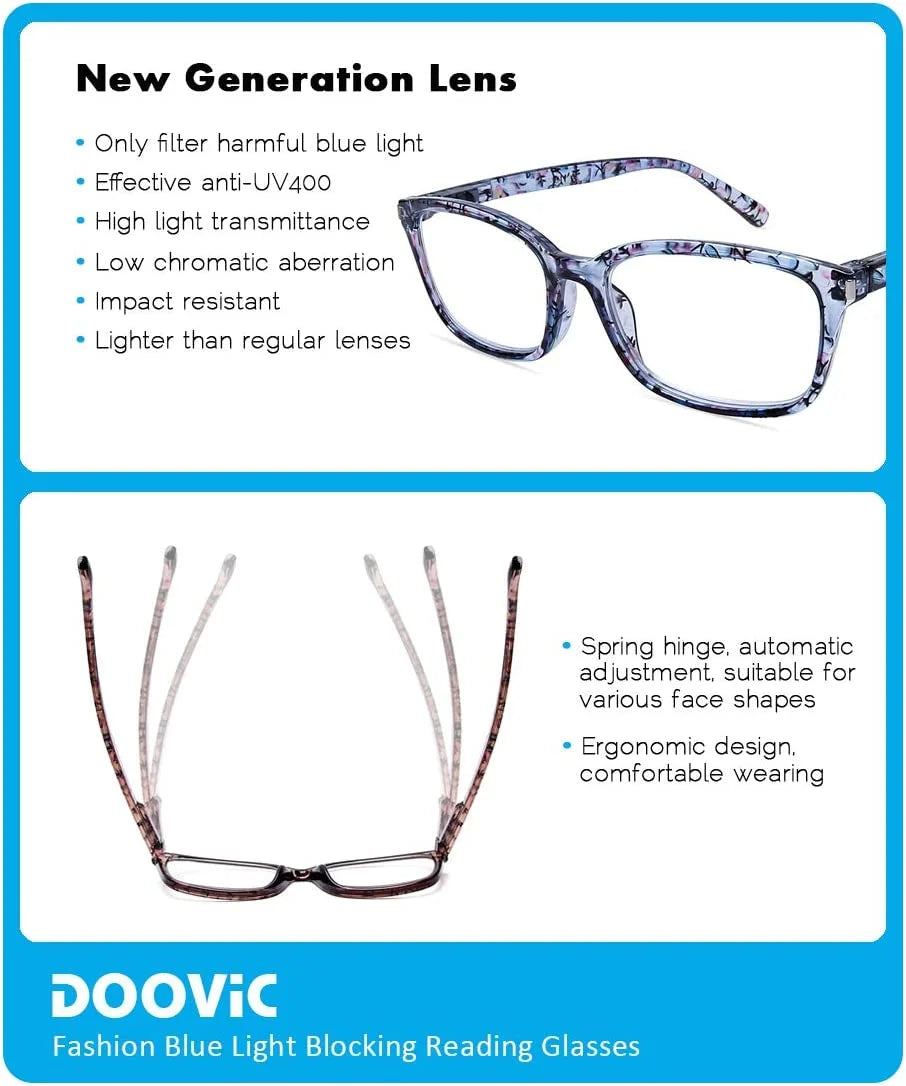 DOOViC 4 Pack Computer Reading Glasses Blue Light Blocking Anti Eyestrain Spring Hinge Stylish Readers for Women 3.00 Strength