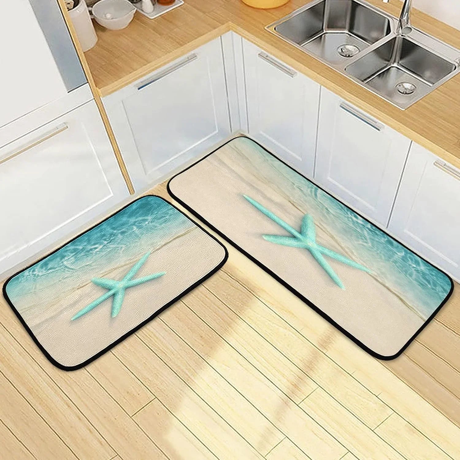 Ocean Beach Starfish Kitchen Mats and Rugs Sea Water Wave Floor Runner Area Rug Washable Carpet Perfect for Living Room Bedroom Entryway 20x28inches + 20x47inches Home Decor Gift