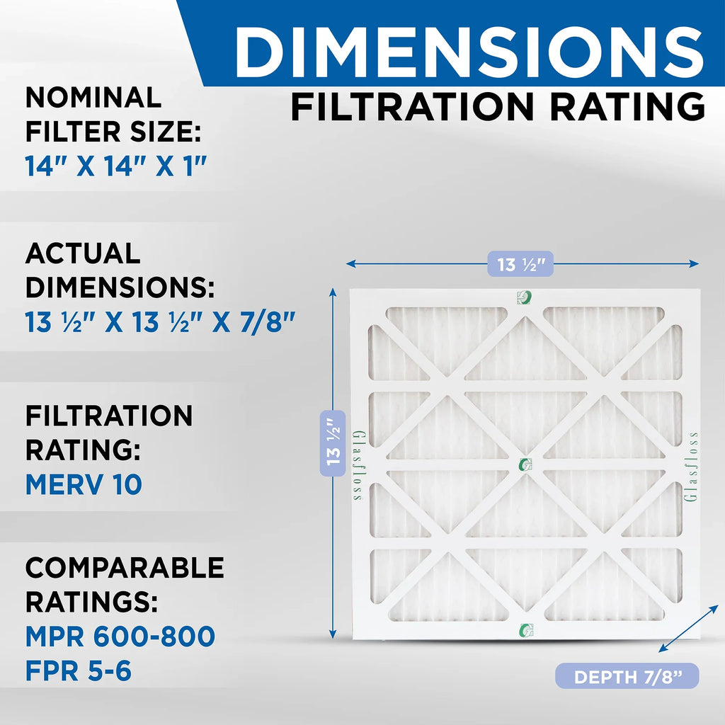 12 Pack of 14x14x1  10 Pleated Air Filters by Glasfloss. Actual Size: 13-1/2 x 13-1/2 x 7/8
